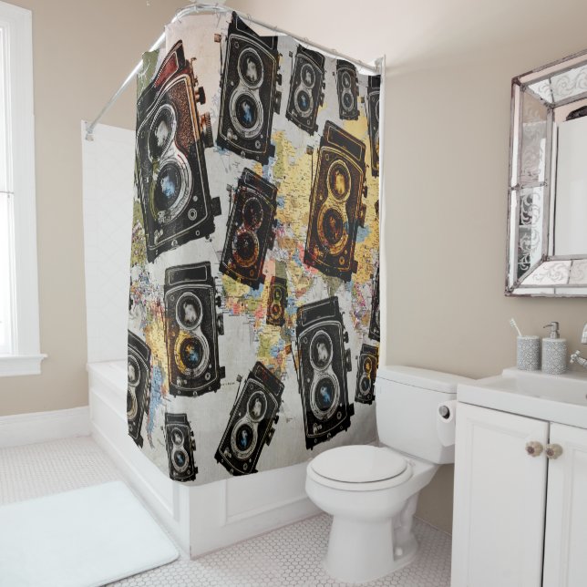 Vintage Travel Camera Pattern Shower Curtain (In Situ)