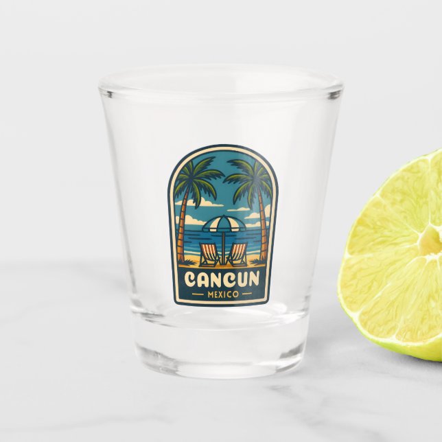 Vintage Travel Cancun Mexico Beach Seaside Retro Shot Glass (Front)
