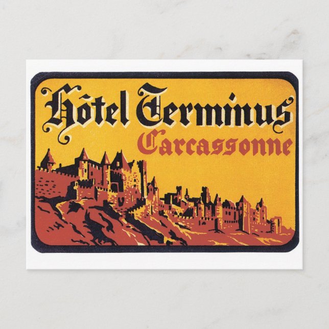 Vintage Travel Carcassonne France Hotel Label Art Postcard (Front)