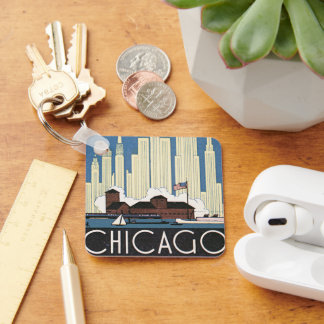 Vintage Travel Chicago Illinois Skyscraper Skyline Key Ring