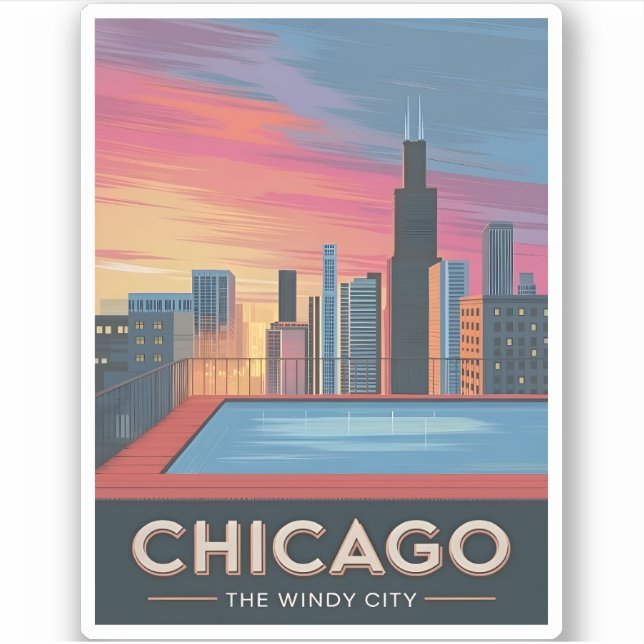 Vintage Travel Chicago Sunset Skyline Cityscape (Front)
