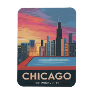 Vintage Travel Chicago Sunset Skyline Cityscape Magnet