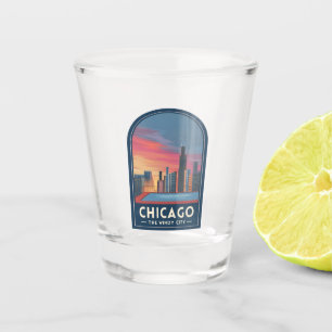 Vintage Travel Chicago Sunset Skyline Cityscape Shot Glass