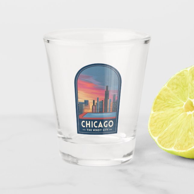Vintage Travel Chicago Sunset Skyline Cityscape Shot Glass (Front)
