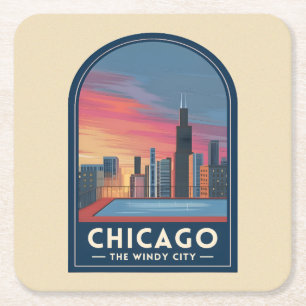 Vintage Travel Chicago Sunset Skyline Cityscape Square Paper Coaster