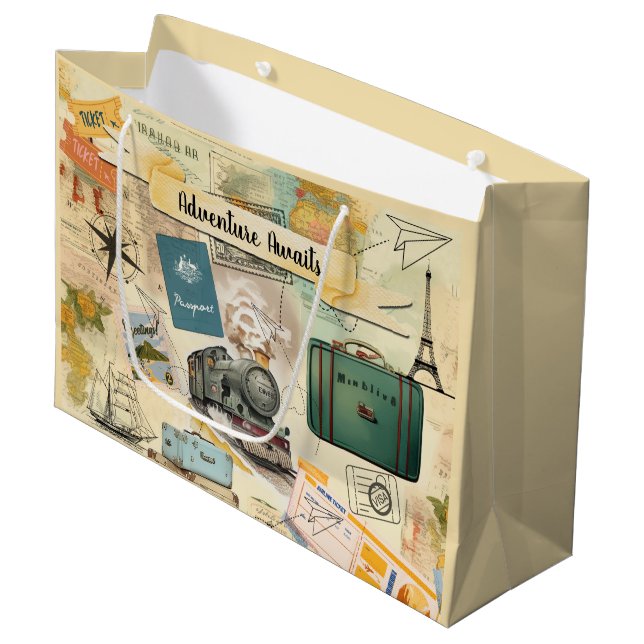 Vintage Travel Collage Large Gift Bag (Front Angled)