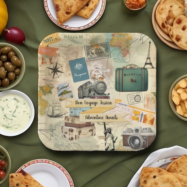 Vintage Travel Collage Paper Plate (Creator Uploaded)
