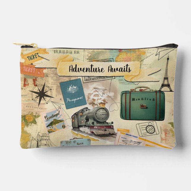 Vintage Travel Collage Small Accessory Pouch (Front)
