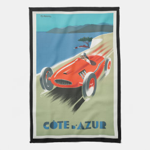 Vintage Travel Cote d'Azur France Red Race Car Tea Towel