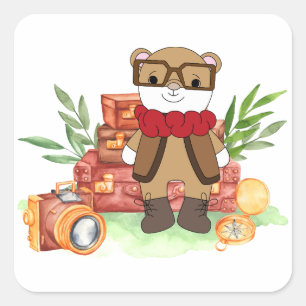 Vintage Travel Cute Bear Cartoon Adventure Square Sticker