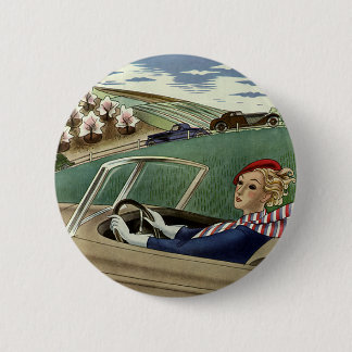 Vintage Travel, Elegant Woman in Convertible Car 6 Cm Round Badge