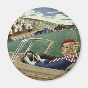 Vintage Travel, Elegant Woman in Convertible Car Magnet