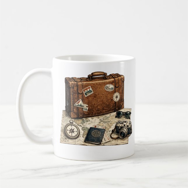 Vintage Travel Essentials Illustration Coffee Mug (Left)