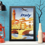 Vintage Travel Florence Firenze Italy Bridge River Poster<br><div class="desc">Vintage illustration European travel poster or luggage label from Florence, Firenze, Italy featuring the clock tower of the Palazzo Vecchio (city hall) and an aeroplane flying in the sky. A man is rowing a boat under a bridge in a canal. The beautiful architecture of the city buildings is in the...</div>
