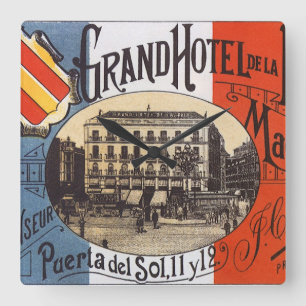 Vintage Travel, Grand Hotel Paix, Madrid, Spain Square Wall Clock