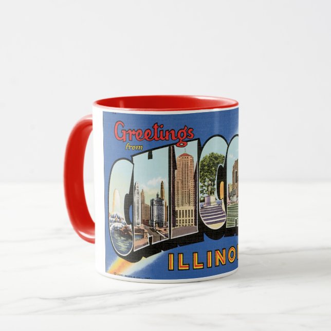 Vintage Travel, Greetings from Chicago Illinois Mug (Front Left)