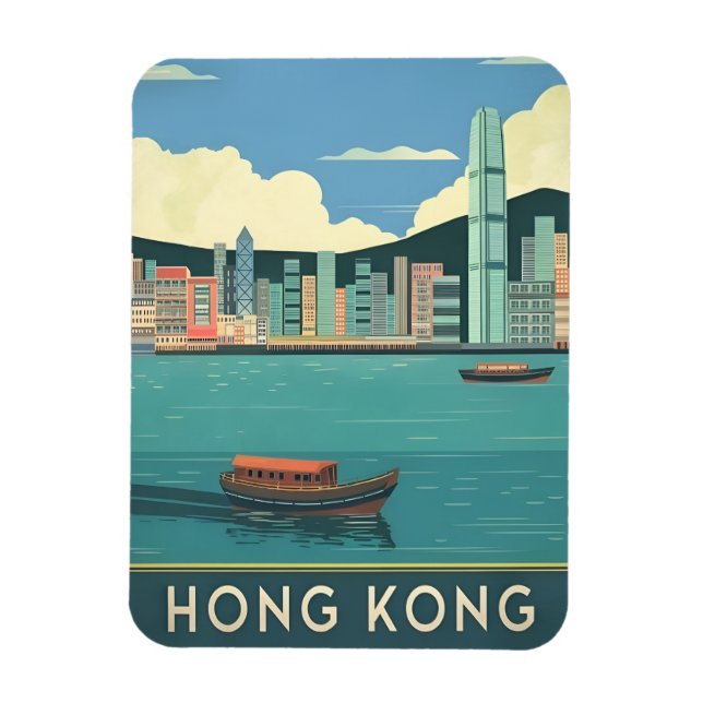 Vintage Travel Hong Kong China Retro Cityscape  Magnet (Vertical)