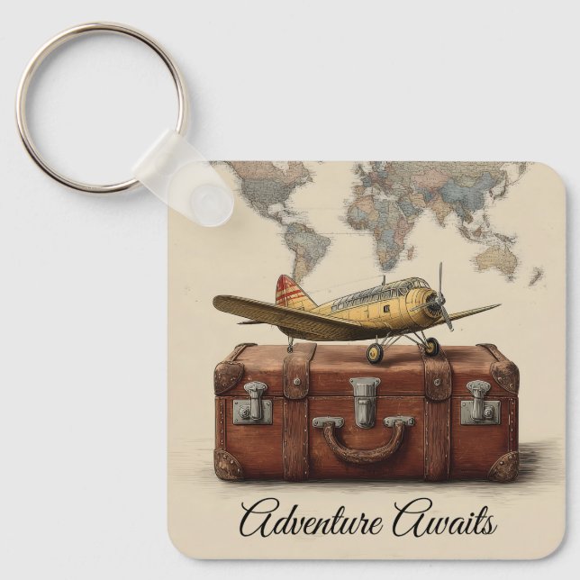 Vintage Travel Illustration with a Plane  Key Ring (Front)