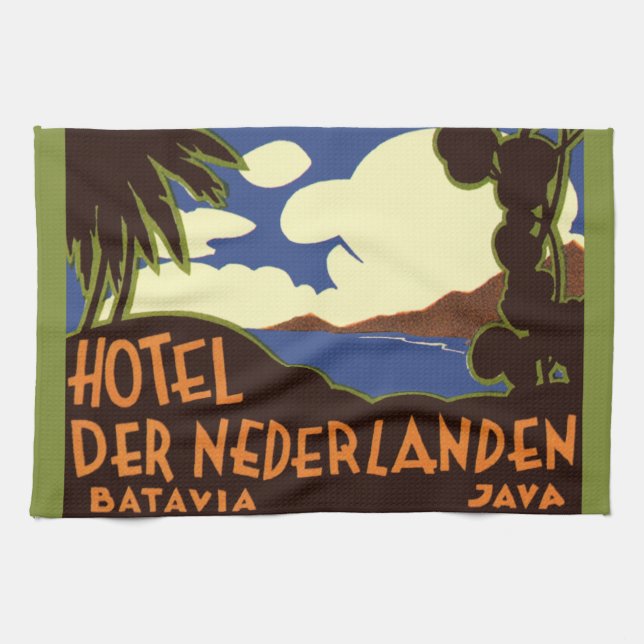 Vintage Travel Jakarta Indonesia Hotel Nederlanden Tea Towel (Horizontal)