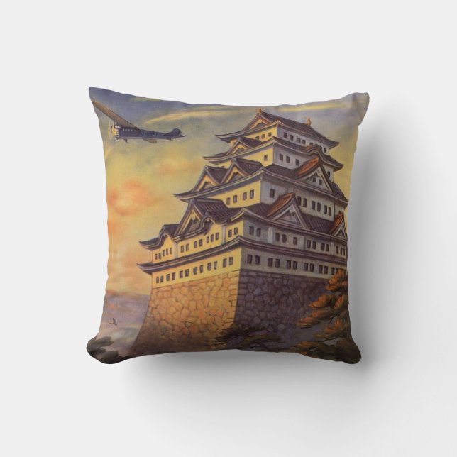 Vintage Travel Japan, Japanese Pagoda Aeroplane Cushion (Front)