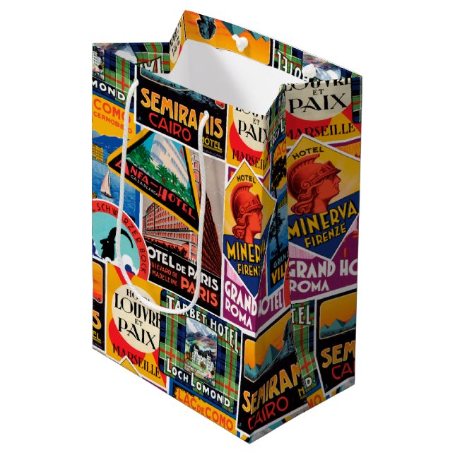 Vintage Travel Labels Medium Gift Bag (Front Angled)