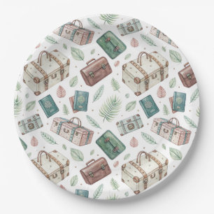 Vintage Travel Luggage Pattern (1) Paper Plate
