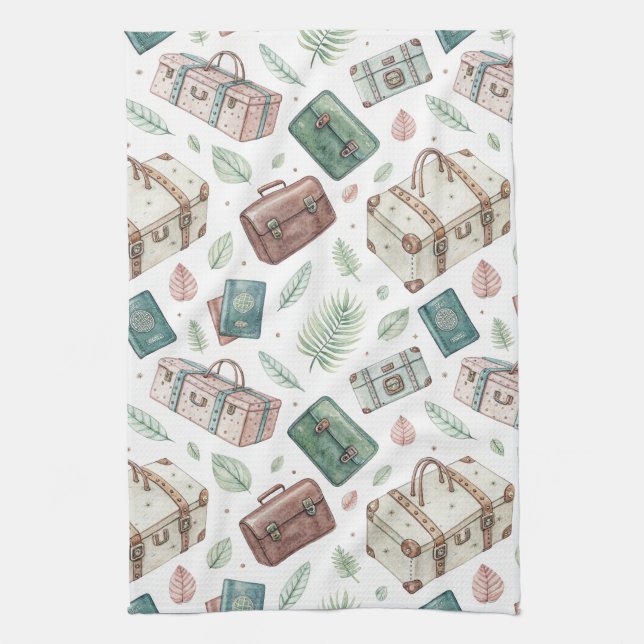 Vintage Travel Luggage Pattern (1) Tea Towel (Vertical)