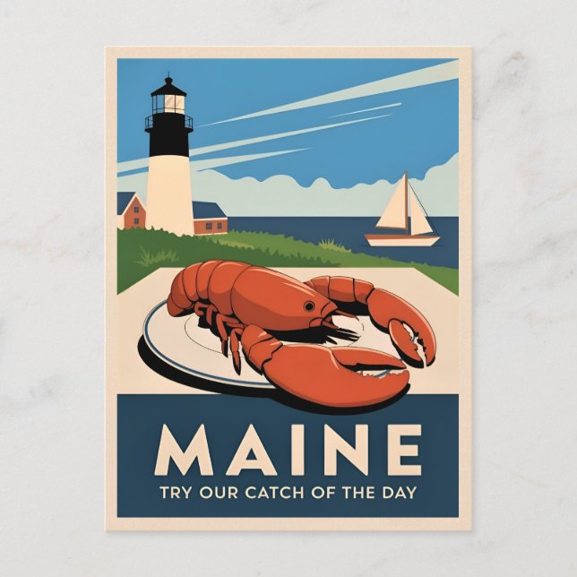 Vintage Travel Maine Lobster Seafood Retro Scenic Postcard (Front)