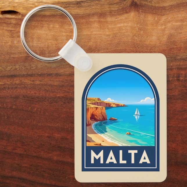Vintage Travel Malta Seaside Landscape Retro Key Ring (Front)