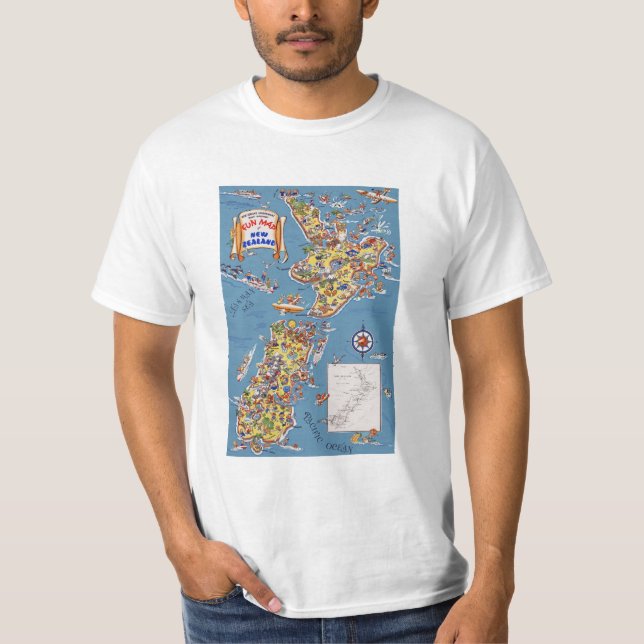 Vintage Travel Map of New Zealand T-Shirt (Front)