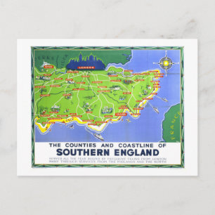 Vintage Travel Map of Southern England Postcard