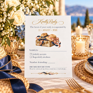 Vintage Travel Mature Couple Wedding Navy Gold RSVP Card