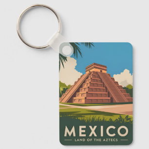 Vintage Travel Mexico Aztec Pyramid Retro Graphic Key Ring