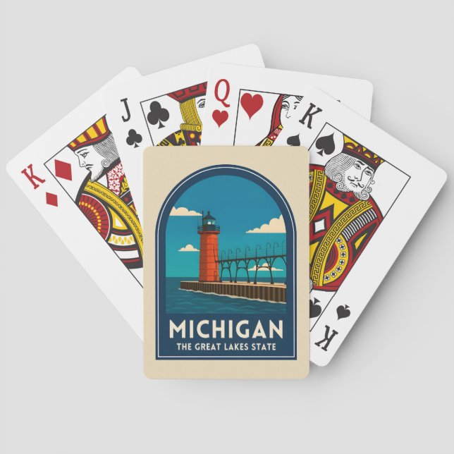 Vintage Travel Michigan Lighthouse Retro Scenic Playing Cards (Back)
