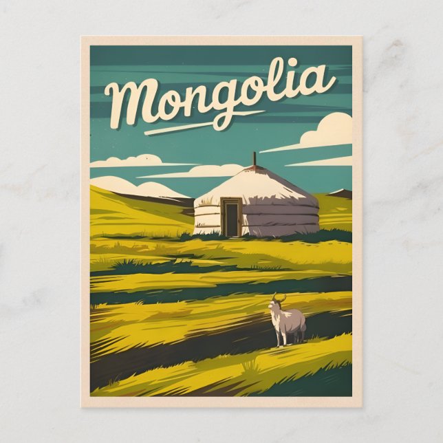 Vintage Travel Mongolia Yurt Retro Graphic Postcard (Front)