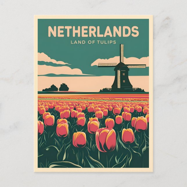 Vintage Travel Netherlands Tulips Retro Graphic Postcard (Front)