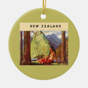 Vintage Travel, New Zealand Landscape Native Woman Ceramic Tree Decoration