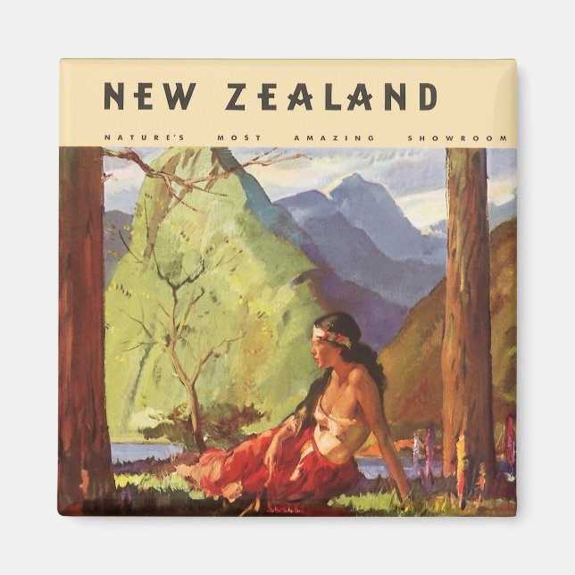 Vintage Travel, New Zealand Landscape Native Woman Magnet (Front)