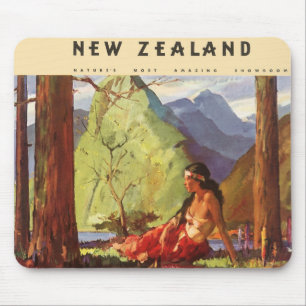 Vintage Travel, New Zealand Landscape Native Woman Mouse Pad