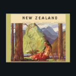 Vintage Travel, New Zealand Landscape Native Woman Postcard<br><div class="desc">Vintage illustration Oceania travel poster or luggage label from New Zealand,  natures most amazing showroom. Featuring a native woman sitting in the forest with trees and majestic mountains in the background.</div>