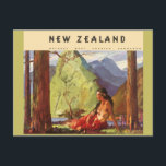Vintage Travel, New Zealand Landscape Native Woman Postcard<br><div class="desc">Vintage illustration Oceania travel poster or luggage label from New Zealand,  natures most amazing showroom. Featuring a native woman sitting in the forest with trees and majestic mountains in the background.</div>