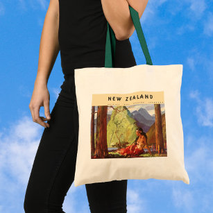 Vintage Travel, New Zealand Landscape Native Woman Tote Bag