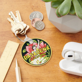 Vintage Travel, Pasadena California, Lady and Rose Key Ring