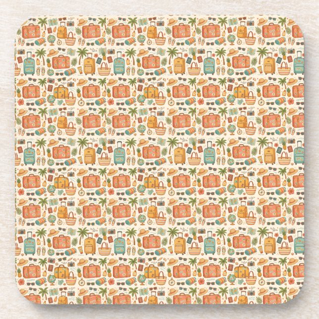 Vintage Travel Pattern Vacation Adventure Coaster (Front)