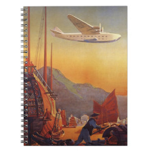 Vintage Travel, Plane Over Junks in Hong Kong Spiral Notebook