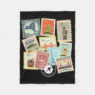 Vintage Travel Postage Stamps Vacation Philatelic  Fleece Blanket