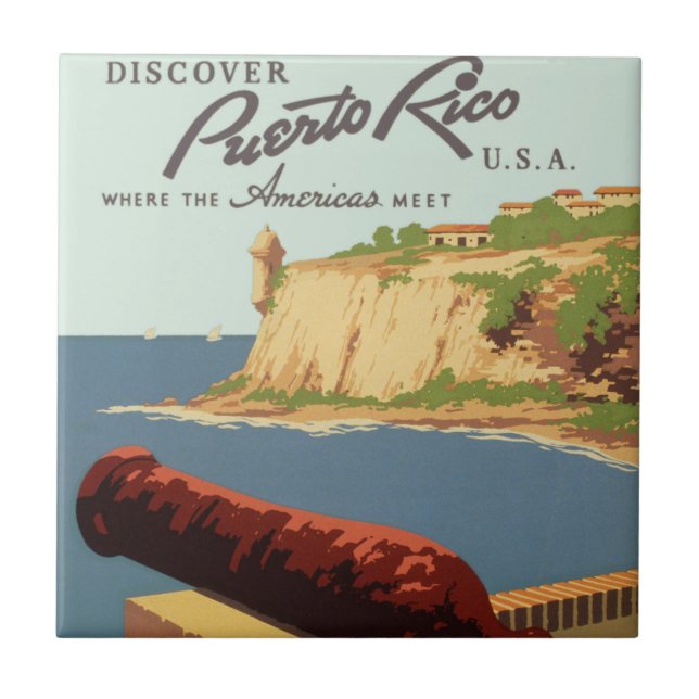 Vintage Travel Poster Art, Discover Puerto Rico! Tile (Front)