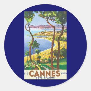 Vintage Travel Poster, Beach in Cannes, France Classic Round Sticker
