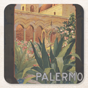 Vintage Travel Poster For Palermo, Italy. Square Paper Coaster