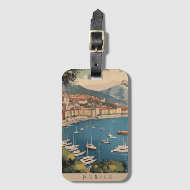 Vintage Travel Poster overlooking Monaco harbour Luggage Tag (Front Vertical)